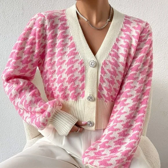 Multicolor Preppy Womens Houndstooth Pattern Lantern Sleeve Cardigan - Picture 5 of 5